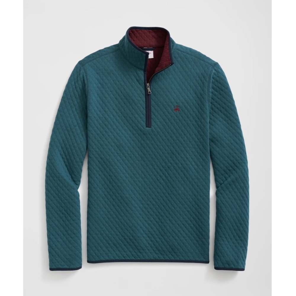 BROOKS BROTHERS Mens Diamond Quilted Half Zip Cotton Blend Teal Green Burgundy
